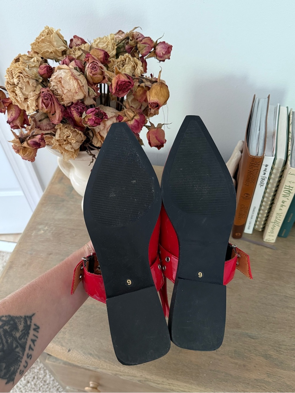 Steve Madden Red Patent Pointed Mary Jane Flats with Stud Buckle - Picture 2 of 4